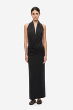 Black sleeveless halter cupro maxi dress with draped ruched waist