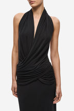 Black sleeveless halter maxi dress, deep V neckline and gathered drape