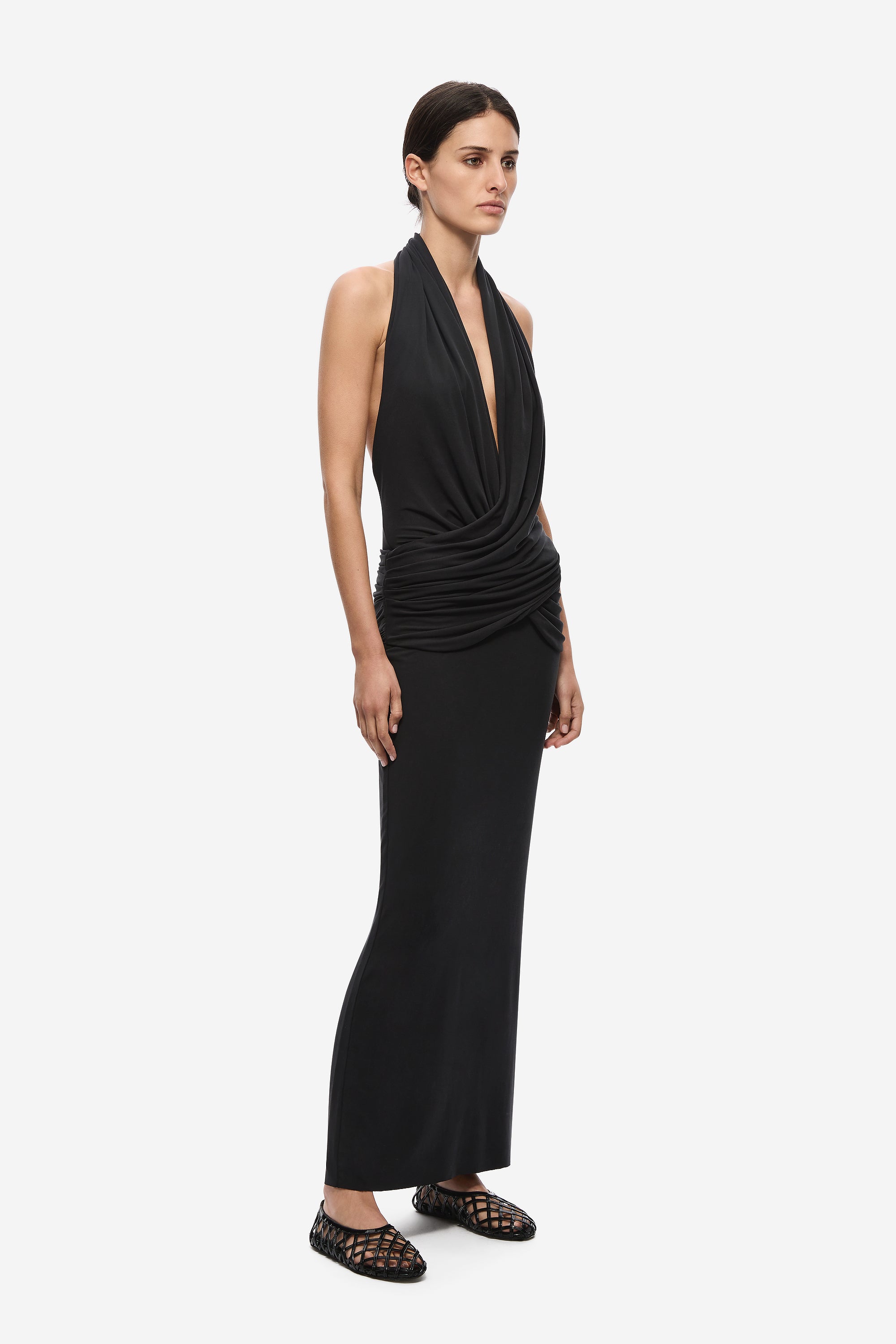 Black sleeveless halter maxi dress with draped front detail
