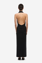 Black sleeveless halter maxi dress, open back and gathered waist