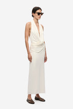 Ivory sleeveless halter midi dress with draped front and ruched side