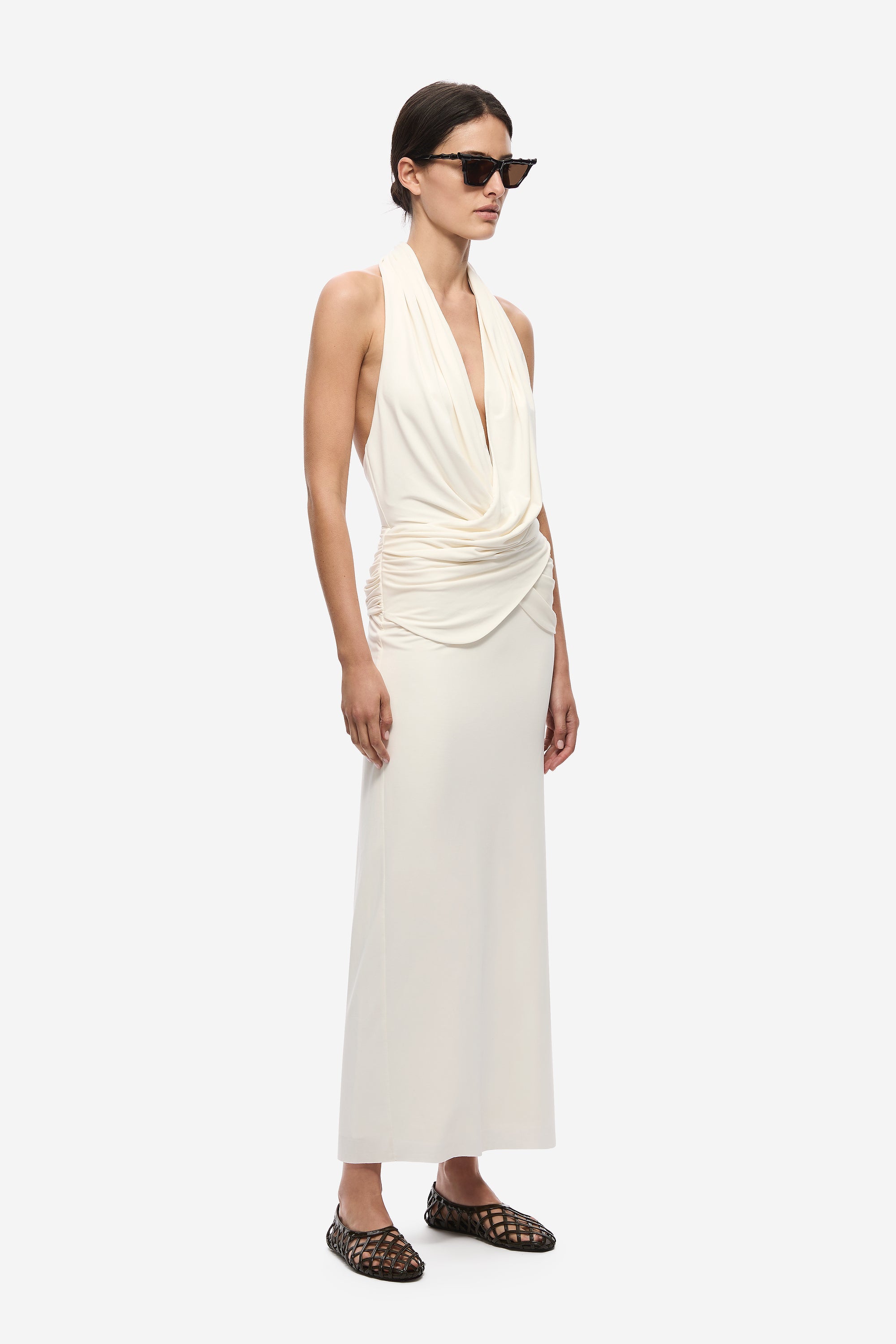 Ivory sleeveless halter midi dress with draped front and ruched side