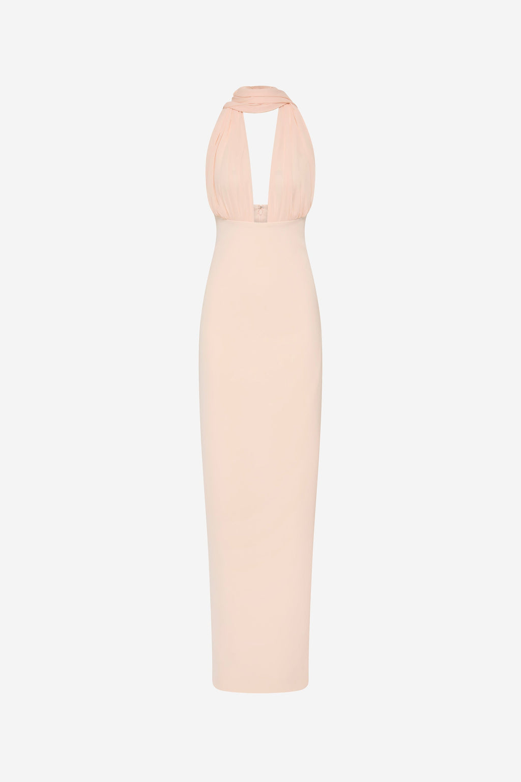 Soft pink silk midi dress with halter neck and draped cutout front panel