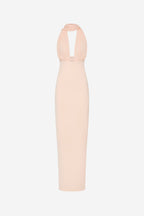 Soft pink silk midi dress with halter neck and draped cutout front panel