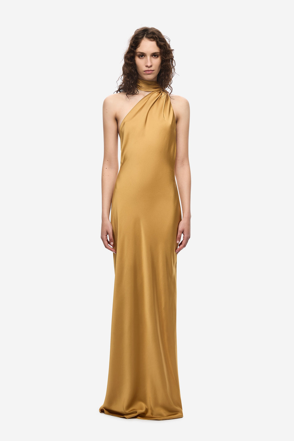 Mustard gold satin halter maxi dress, sleeveless with high neckline drape