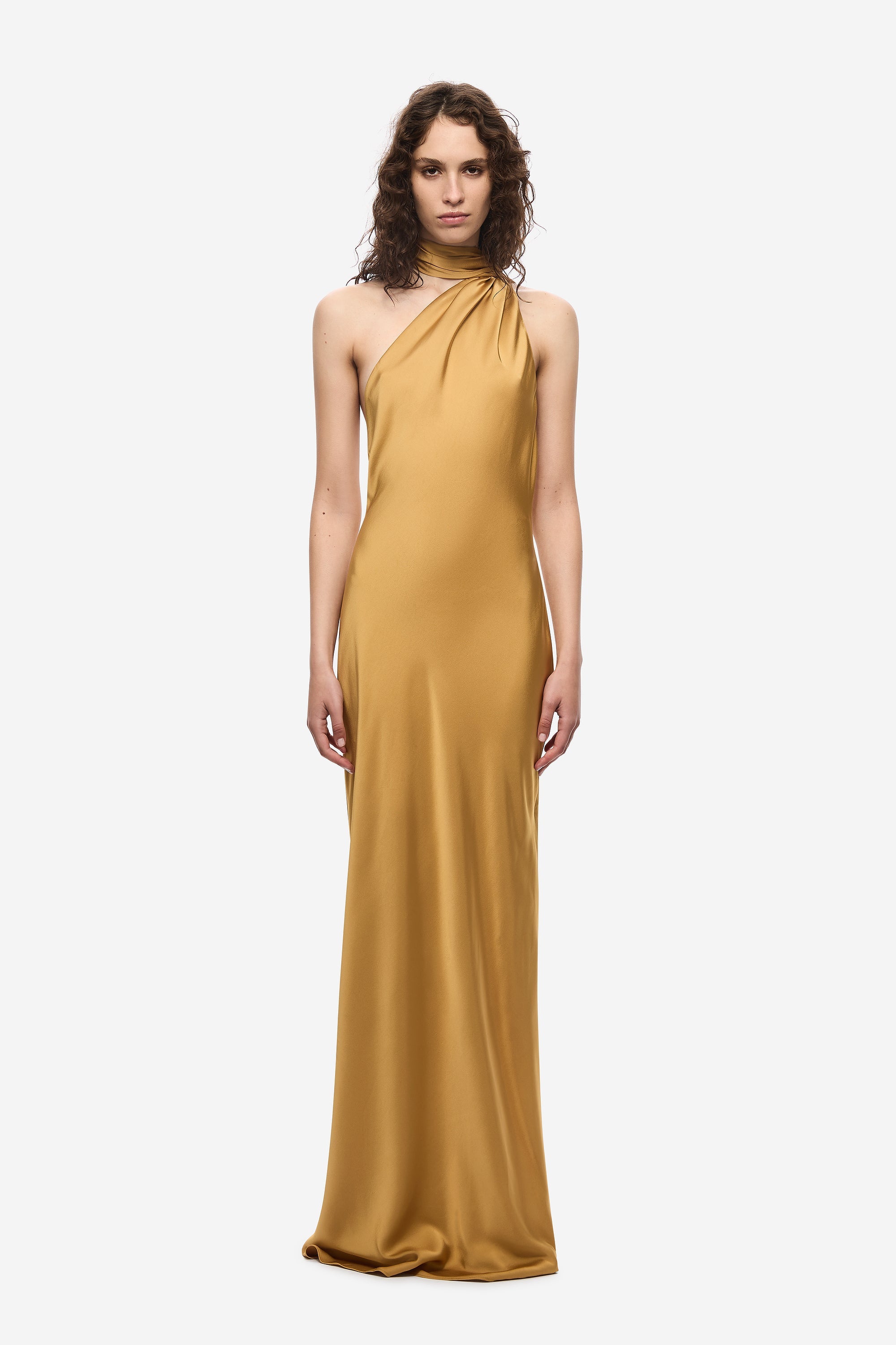 Mustard gold satin halter maxi dress, sleeveless with high neckline drape