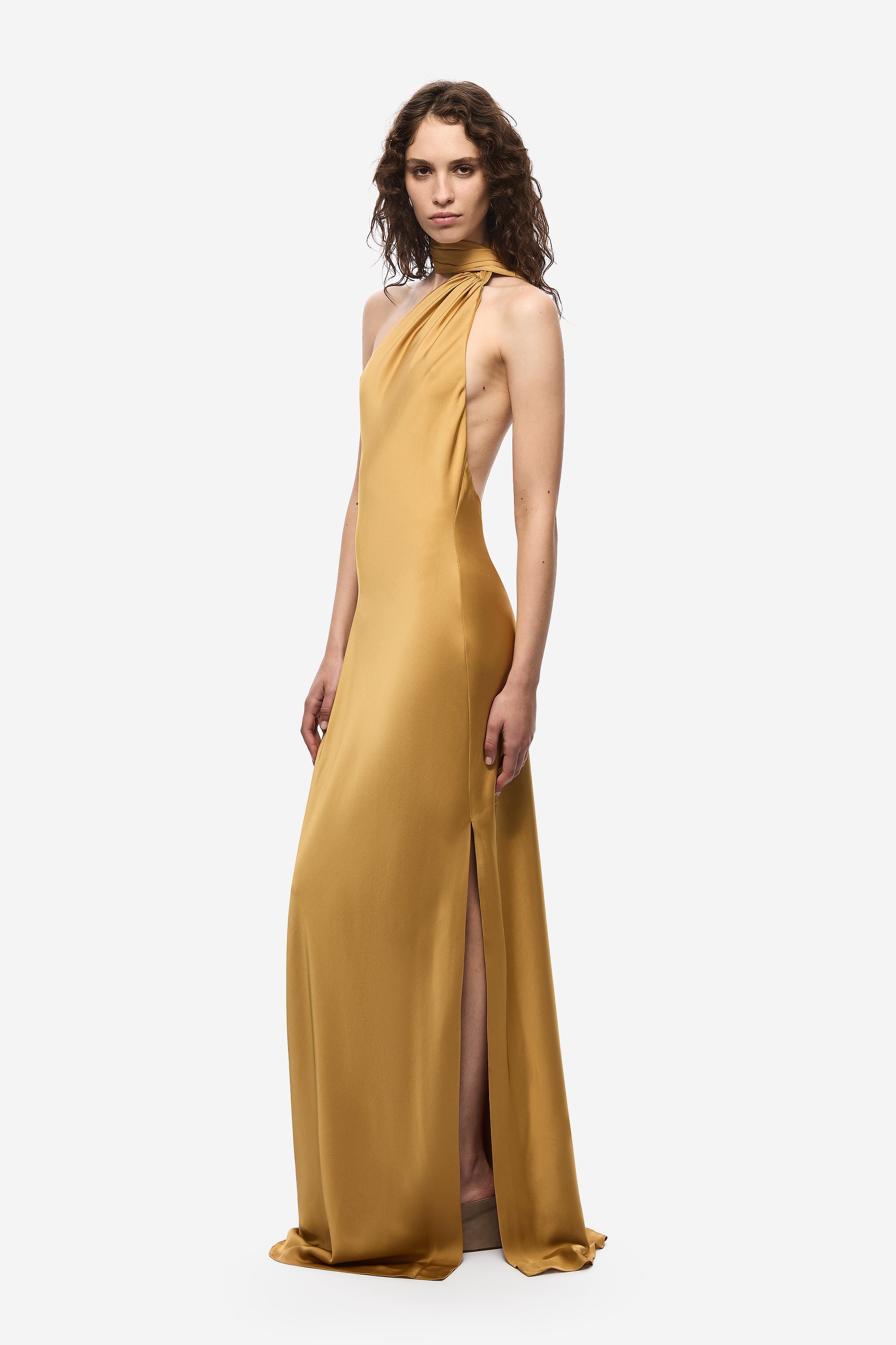 Mustard gold satin halter maxi dress with draped neckline and high front slit