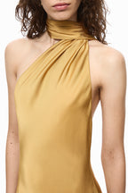 Mustard gold satin halter dress with twisted neck drape and sleeveless fit