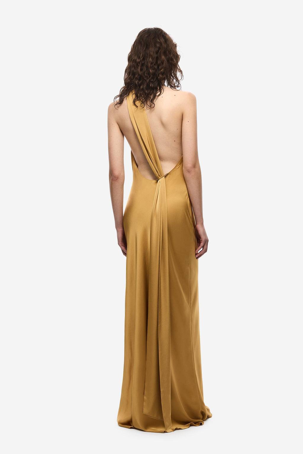 Mustard gold satin halter maxi dress, open back with crisscross straps