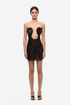 Black sequin mini dress with sweetheart neckline and off-shoulder sequin cups