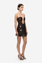 Black sequin mini dress with strapless sweetheart neckline and fitted silhouette