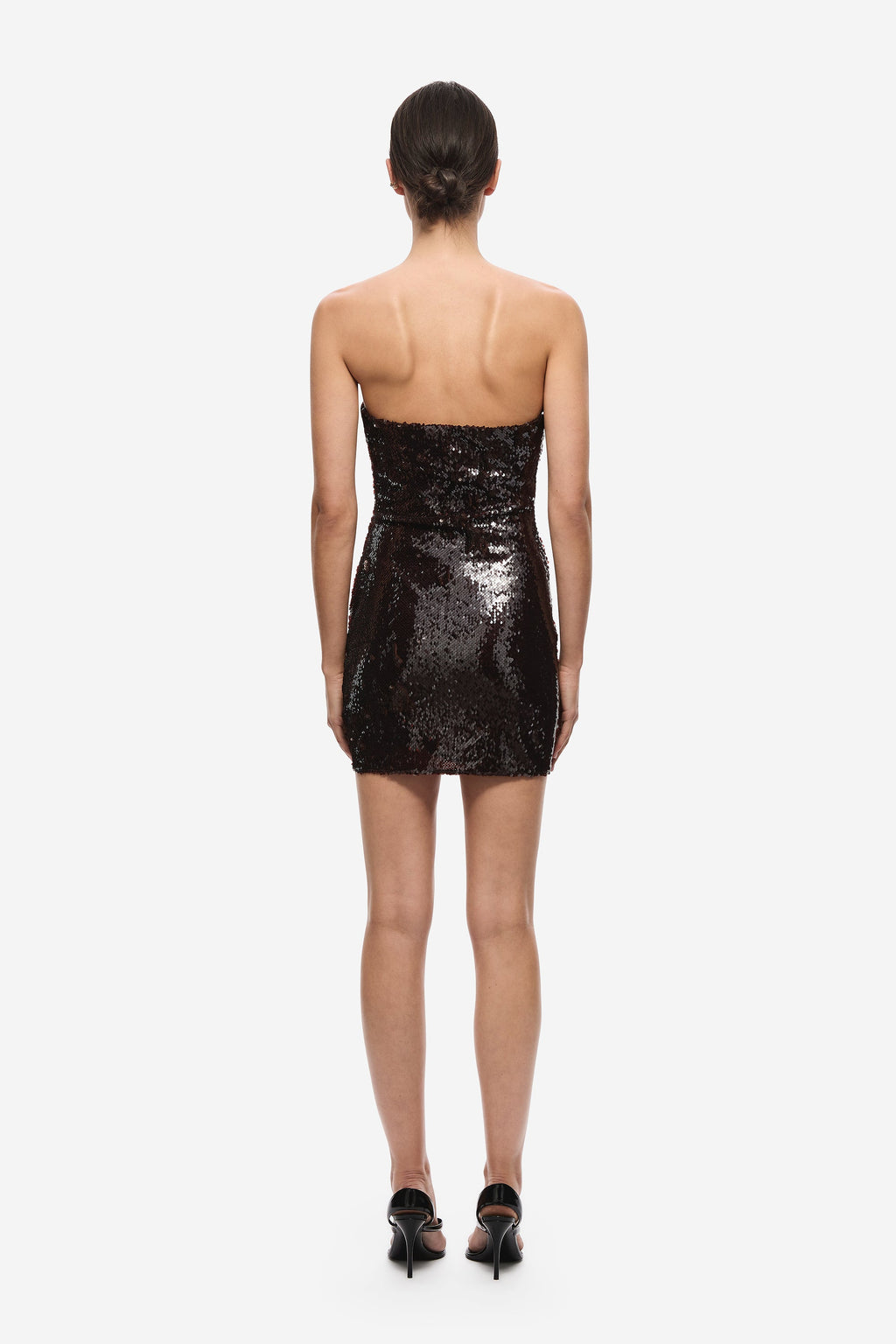 Black sequin mini dress with open back and straight hem