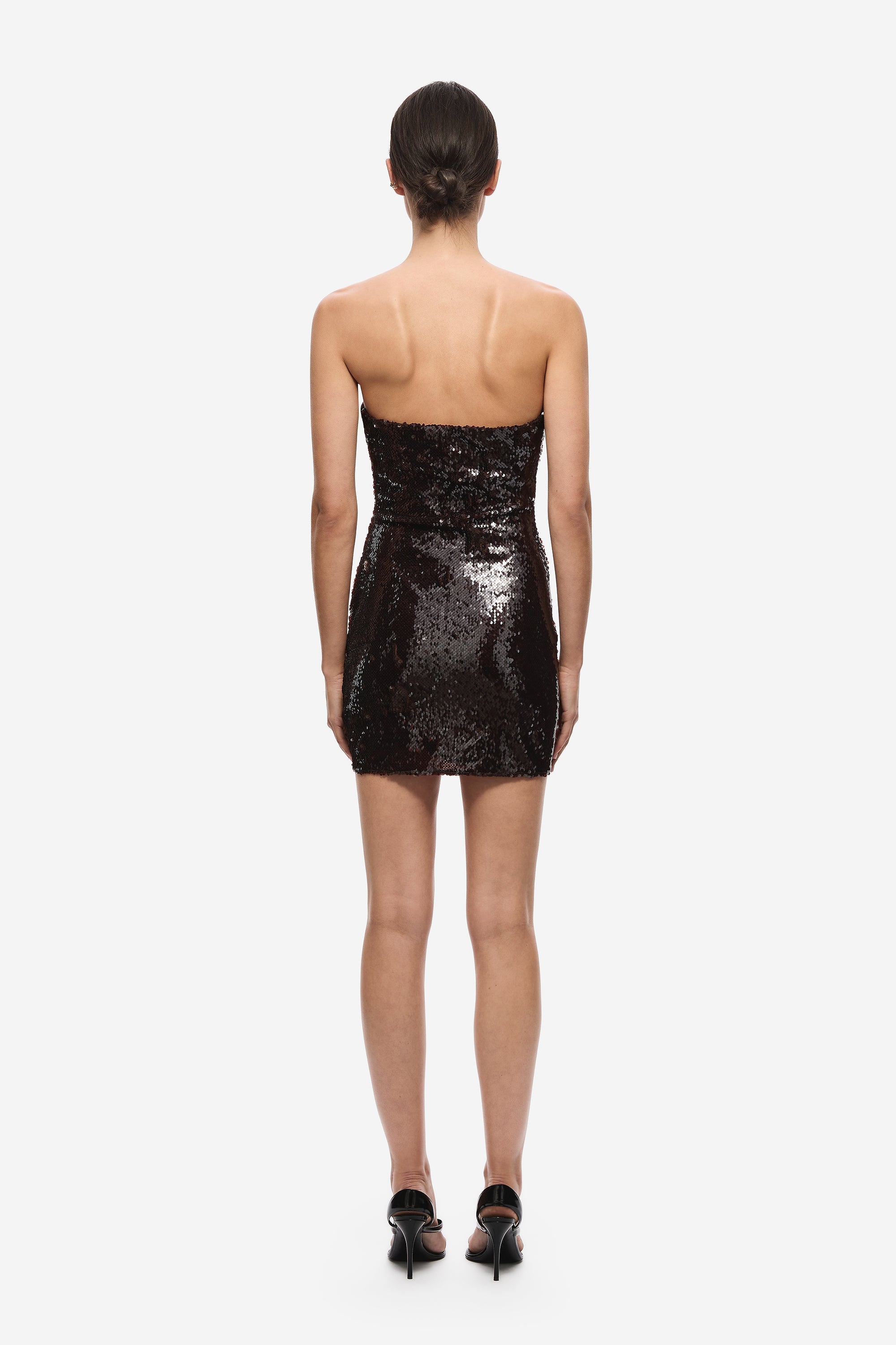 Black sequin mini dress with open back and straight hem