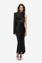 Black satin midi dress, sleeveless with draped neckline and side-slit hem