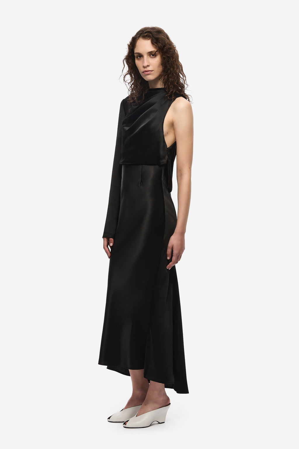Black satin midi dress with sleeveless turtleneck and smooth draped front