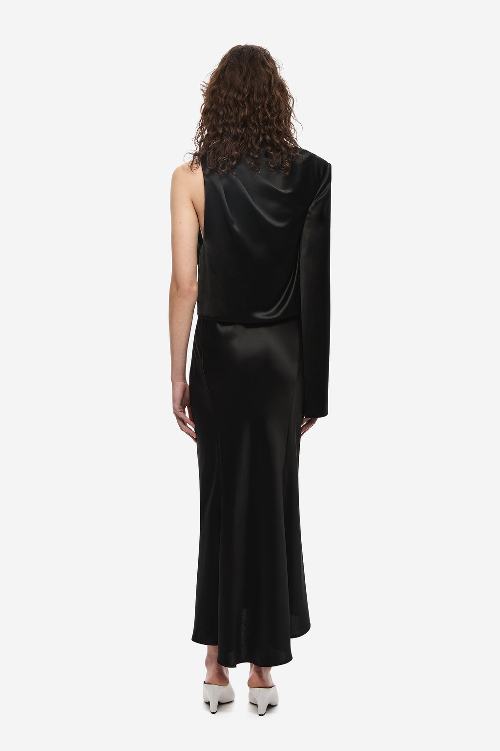Black satin midi dress, sleeveless with draped cowl back and long cape