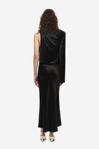 Black satin midi dress, sleeveless with draped cowl back and long cape
