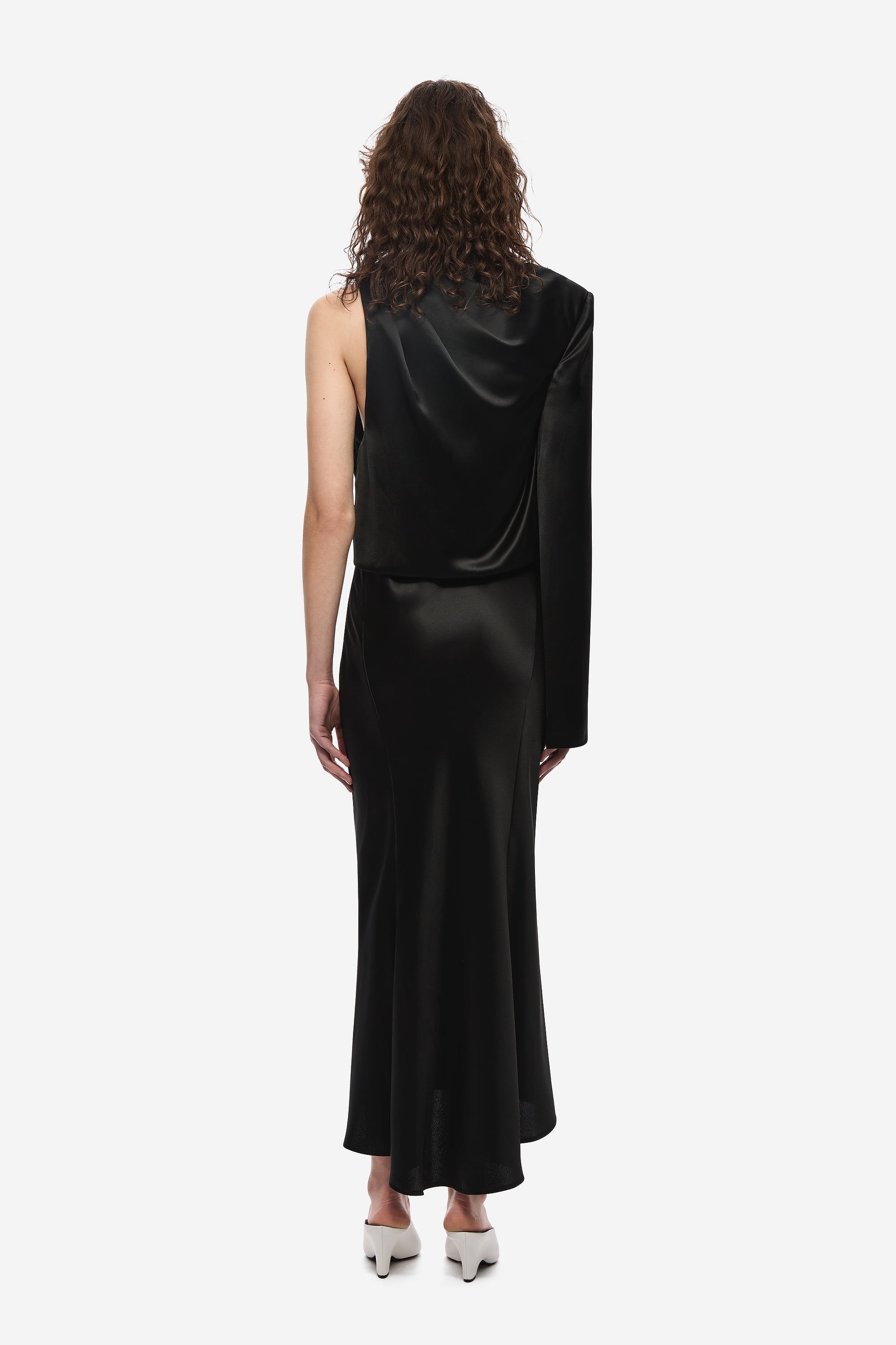 Black satin midi dress, sleeveless with draped cowl back and long cape