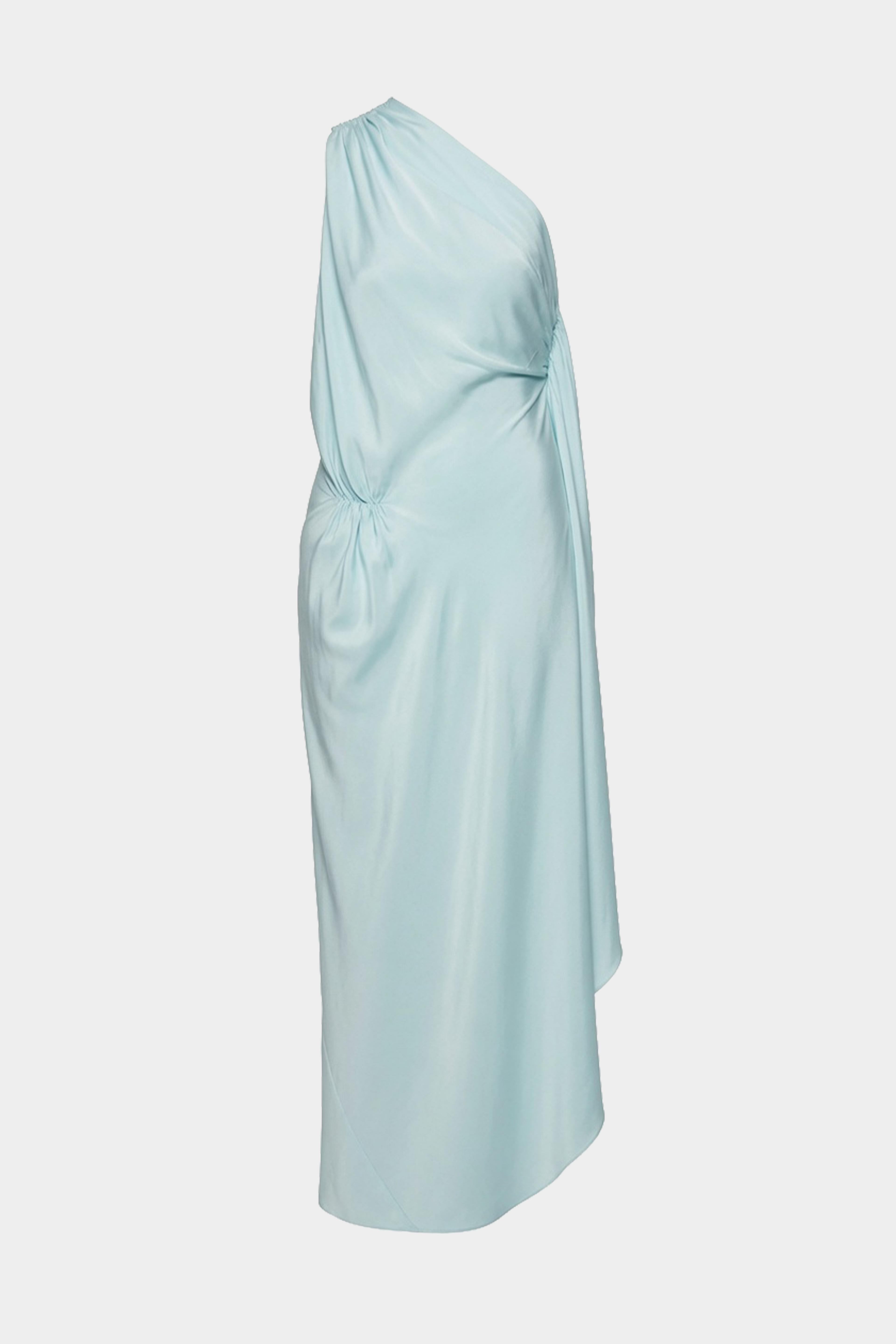 Aqua silk halter gown with ruched drape at waist and asymmetrical skirt