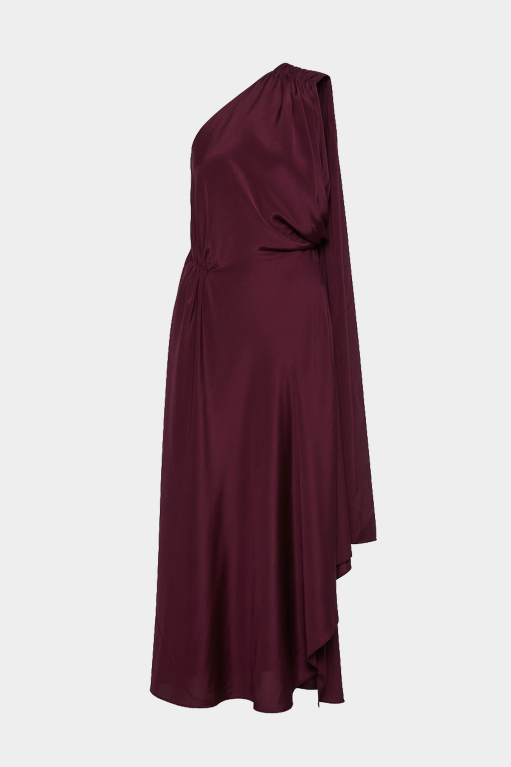Silk kaftan gown, draped shoulder with asymmetric overlay and flowing hem