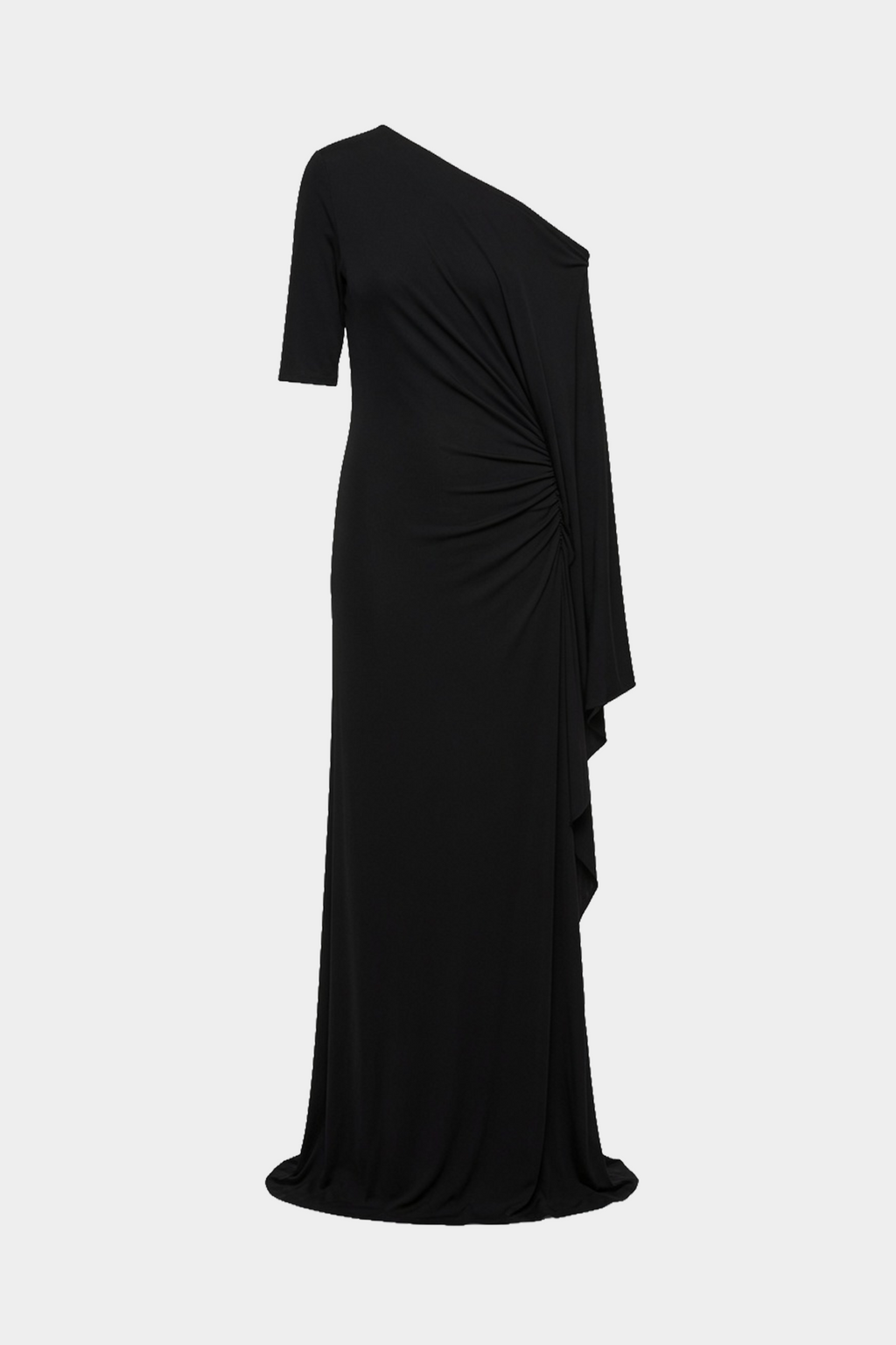 Black jersey maxi dress, side view with ruched waist and flowing draped overlay