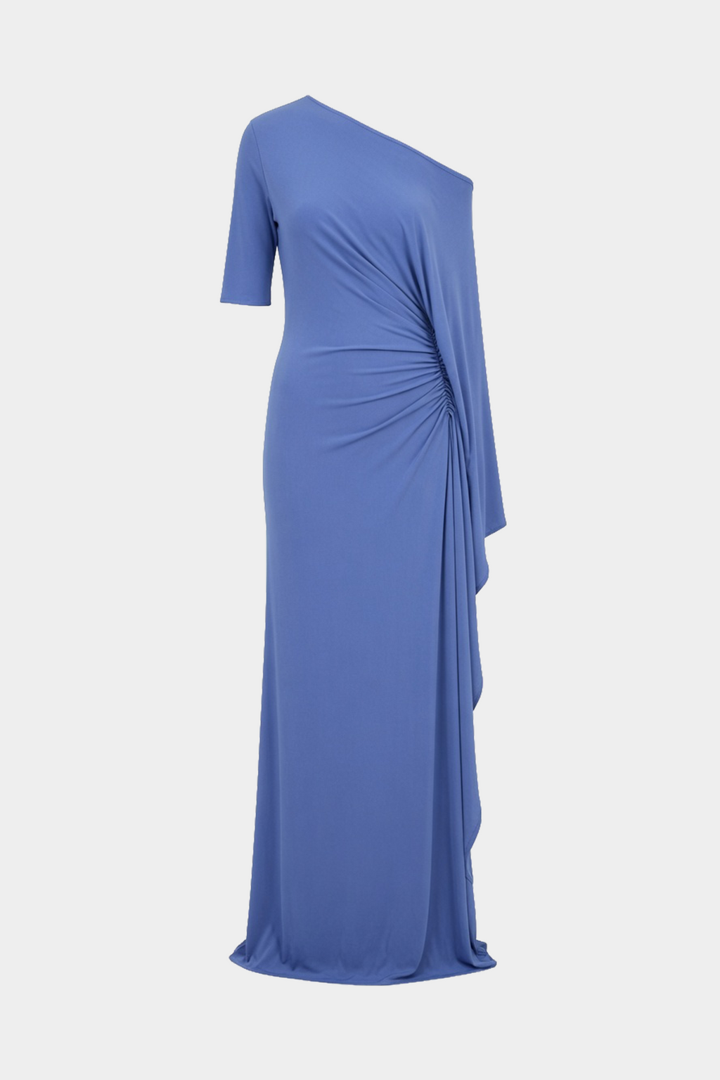 Blue one-shoulder jersey maxi dress with gathered twist at waist and side drape