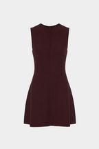 Eggplant sleeveless mini dress, sleeveless V-neck front with seams