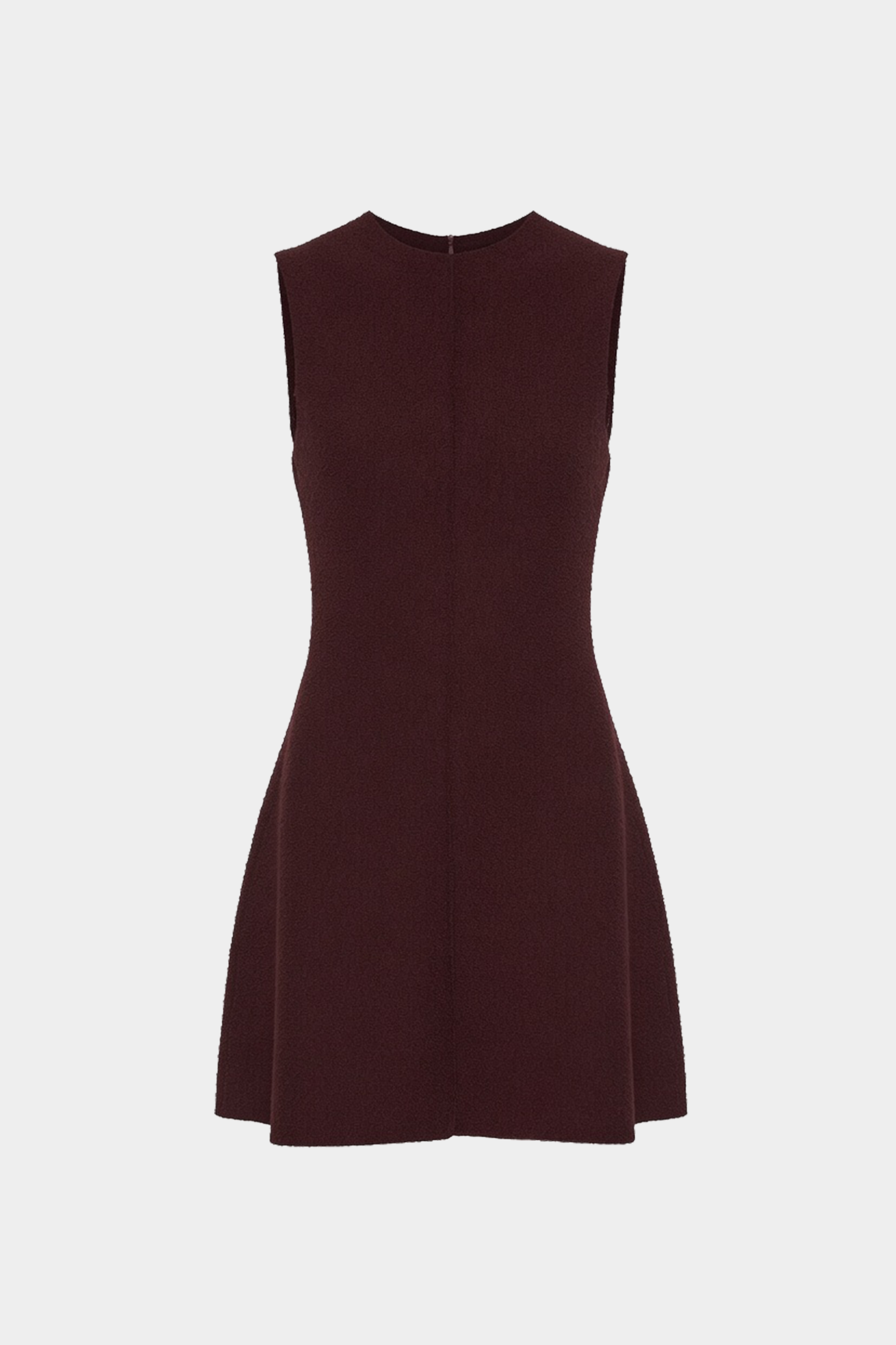 Eggplant sleeveless mini dress, sleeveless V-neck front with seams