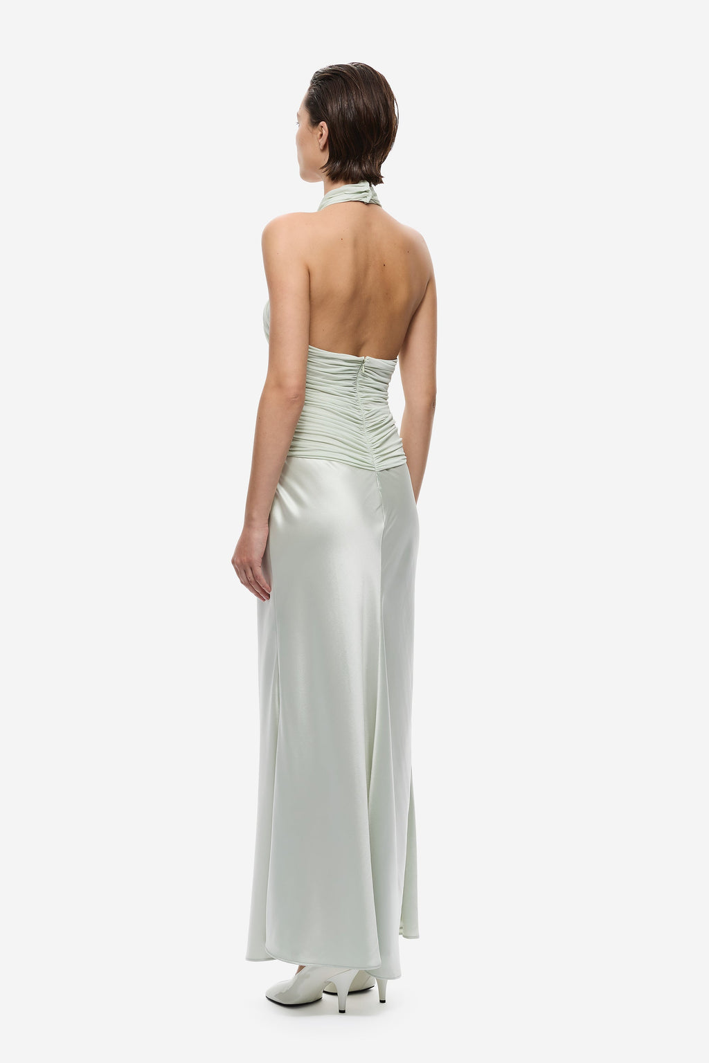 Pistachio halter midi dress, open-back with cross drape and gathered waist