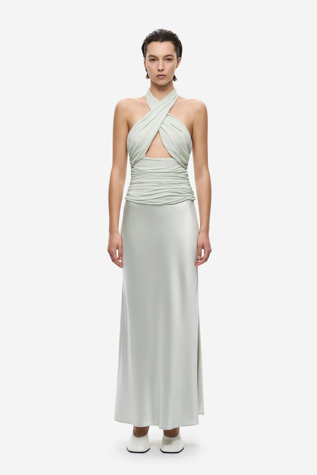 Pistachio midi dress with halter twist drape and ruched waist detail