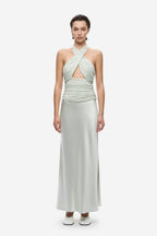 Pistachio midi dress with halter twist drape and ruched waist detail