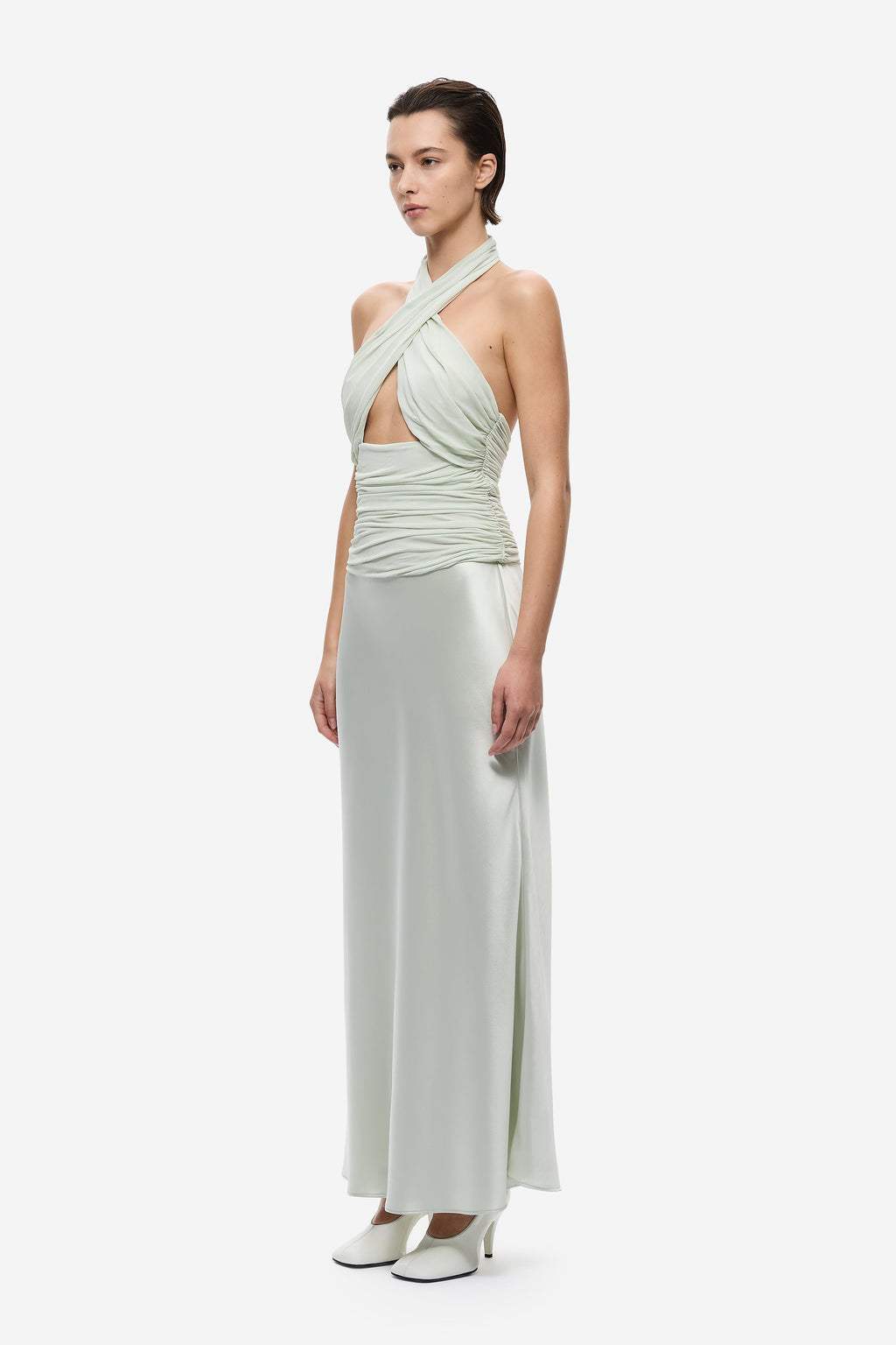 Pistachio contrast midi dress, side view, halter twist drape with ruching