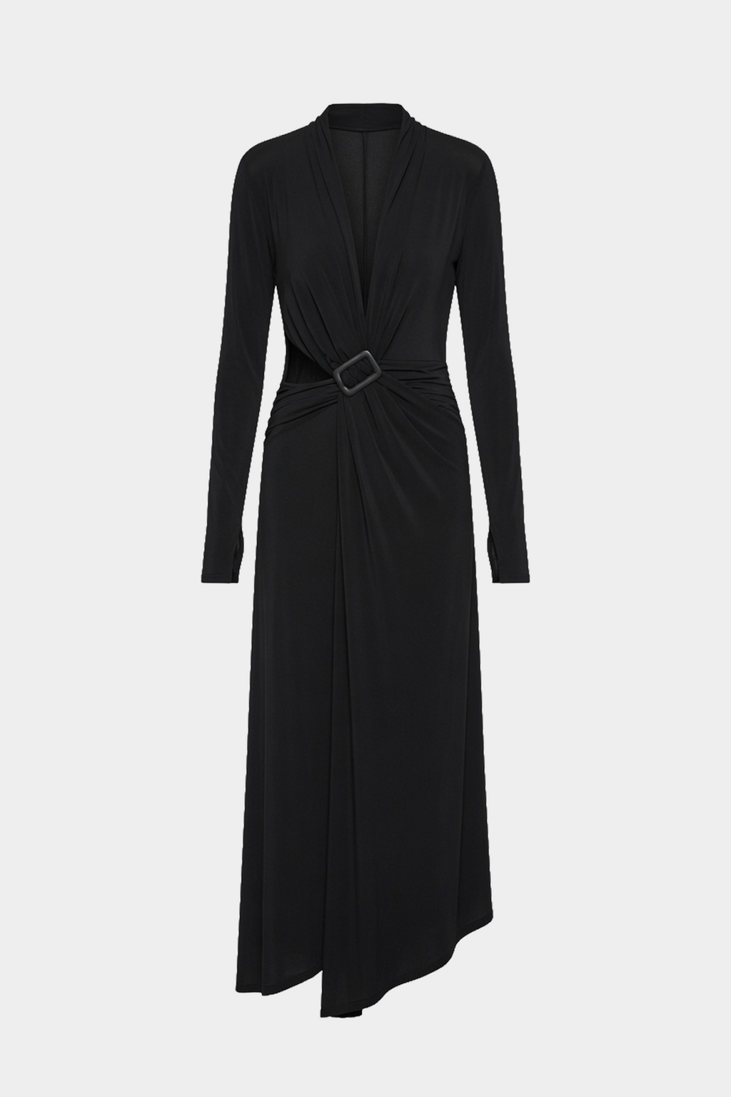Black long-sleeve wrap maxi dress on hanger, full length with waist belt