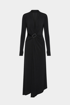 Black long-sleeve wrap maxi dress on hanger, full length with waist belt