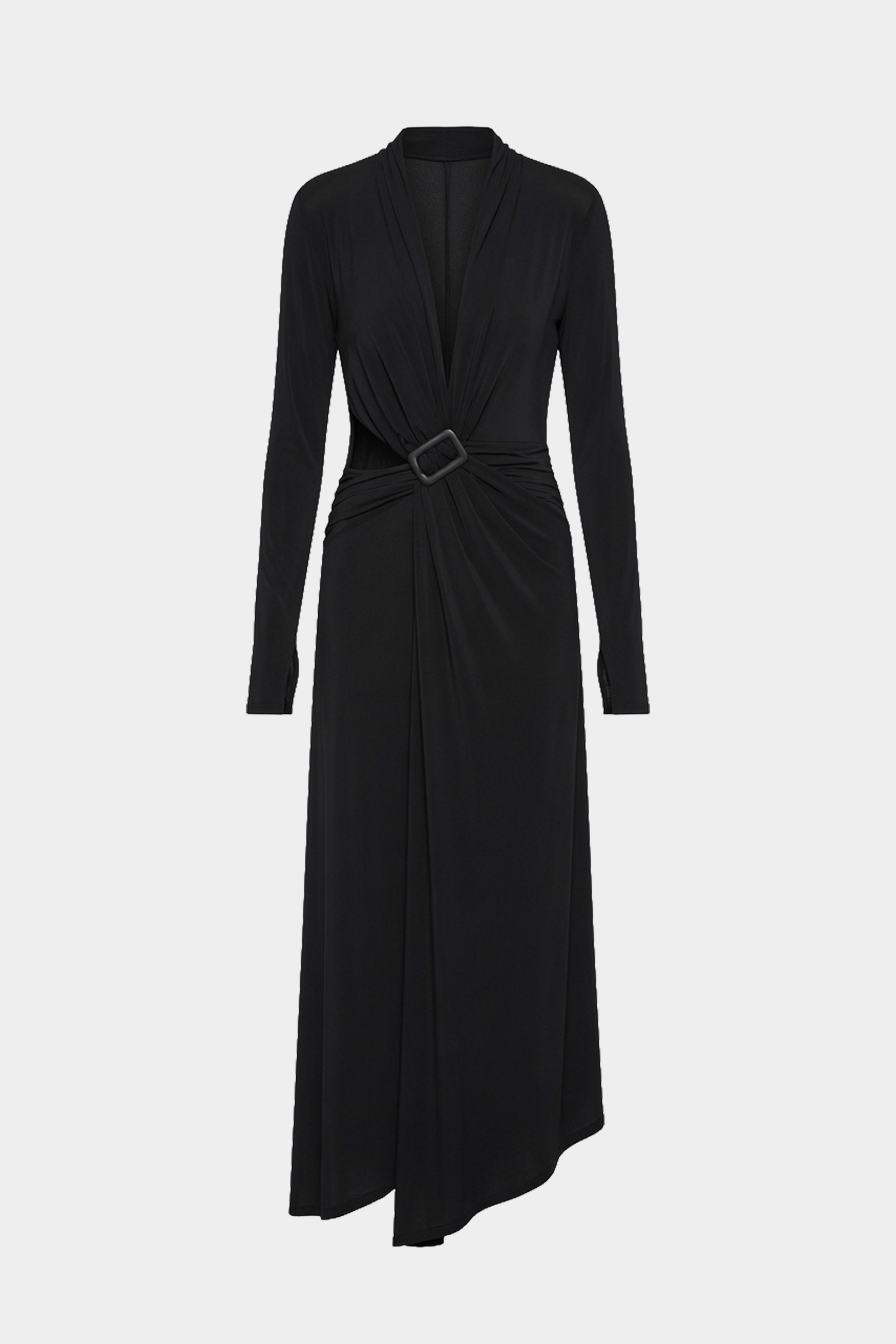 Black long-sleeve wrap maxi dress on hanger, full length with waist belt