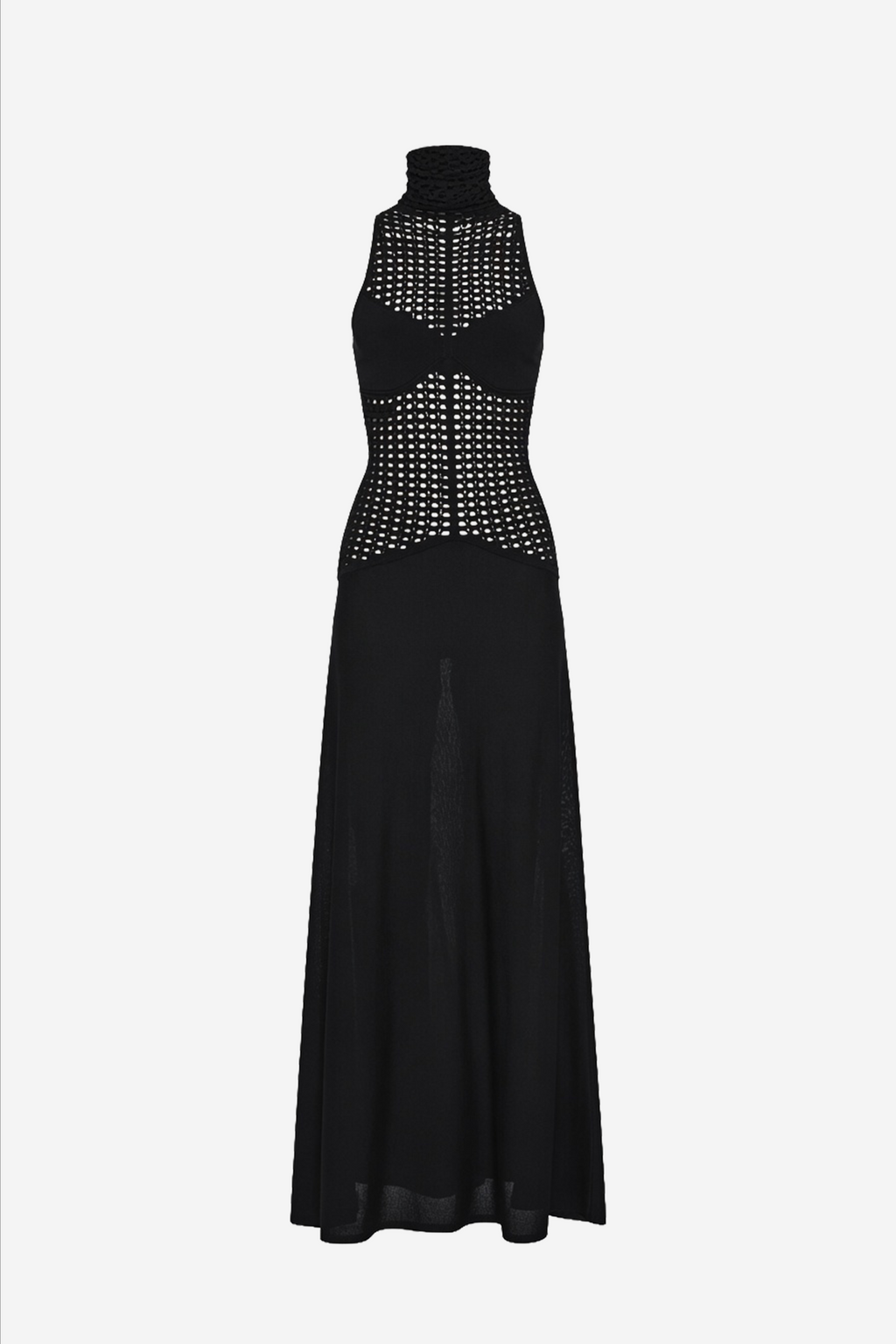Black sleeveless knit maxi dress with high neck and studded central panel