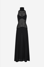 Black sleeveless knit maxi dress with high neck and studded central panel