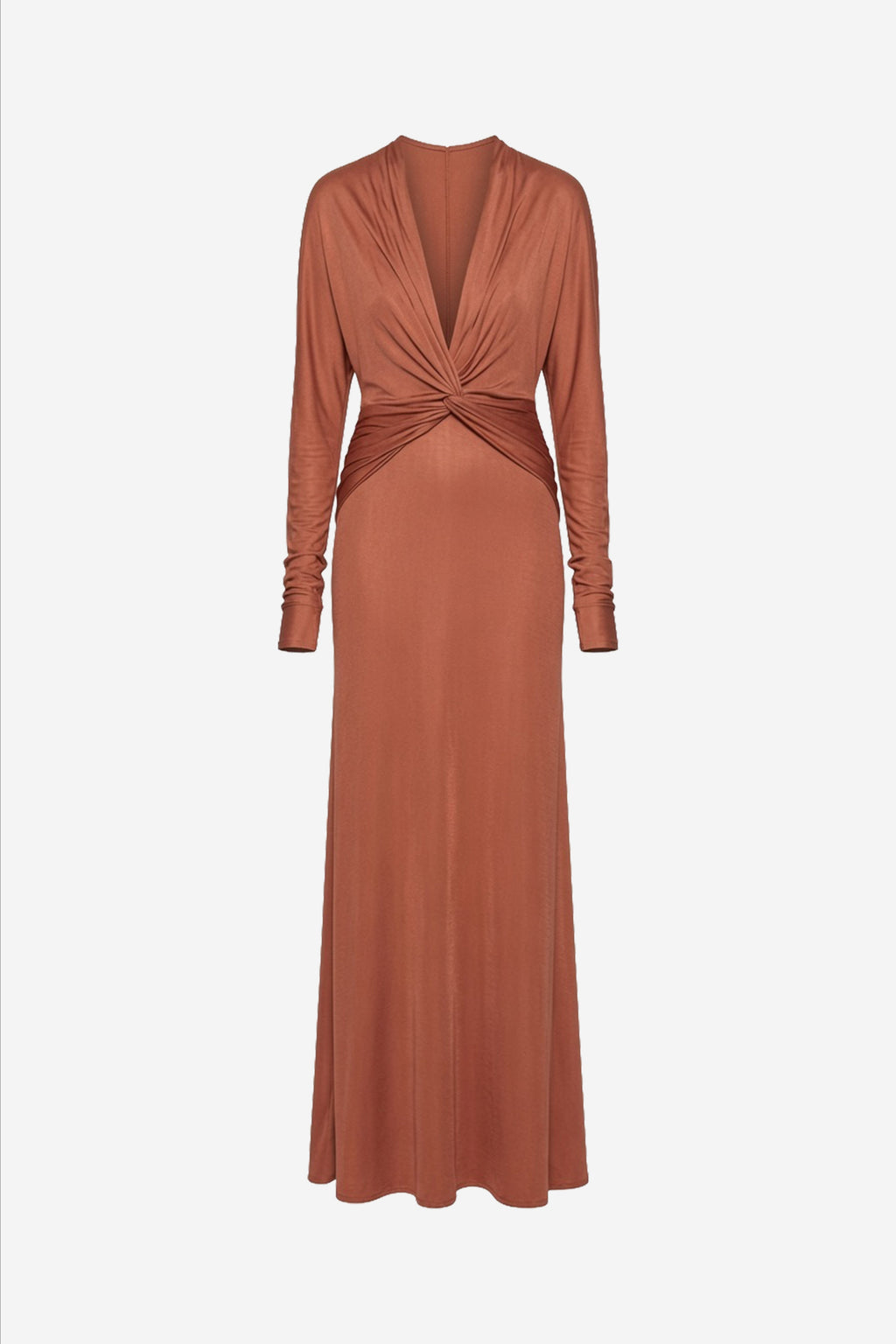 Brick jersey maxi dress with ruched twist back and long sleeves