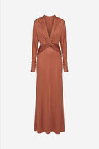 Brick jersey maxi dress with ruched twist back and long sleeves