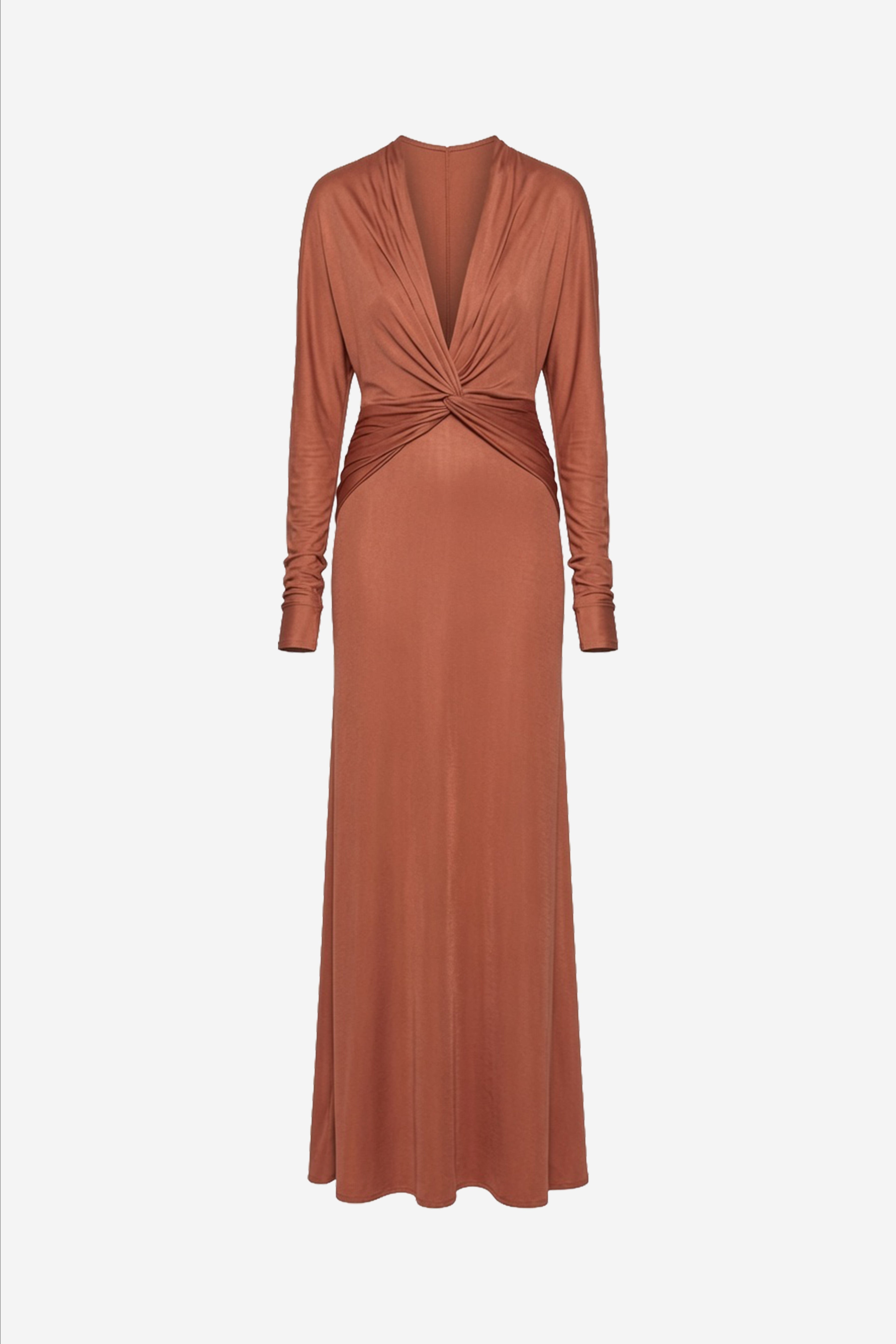 Brick jersey maxi dress with ruched twist back and long sleeves