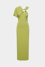 Green maxi dress with short sleeves and bow-like shoulder knot