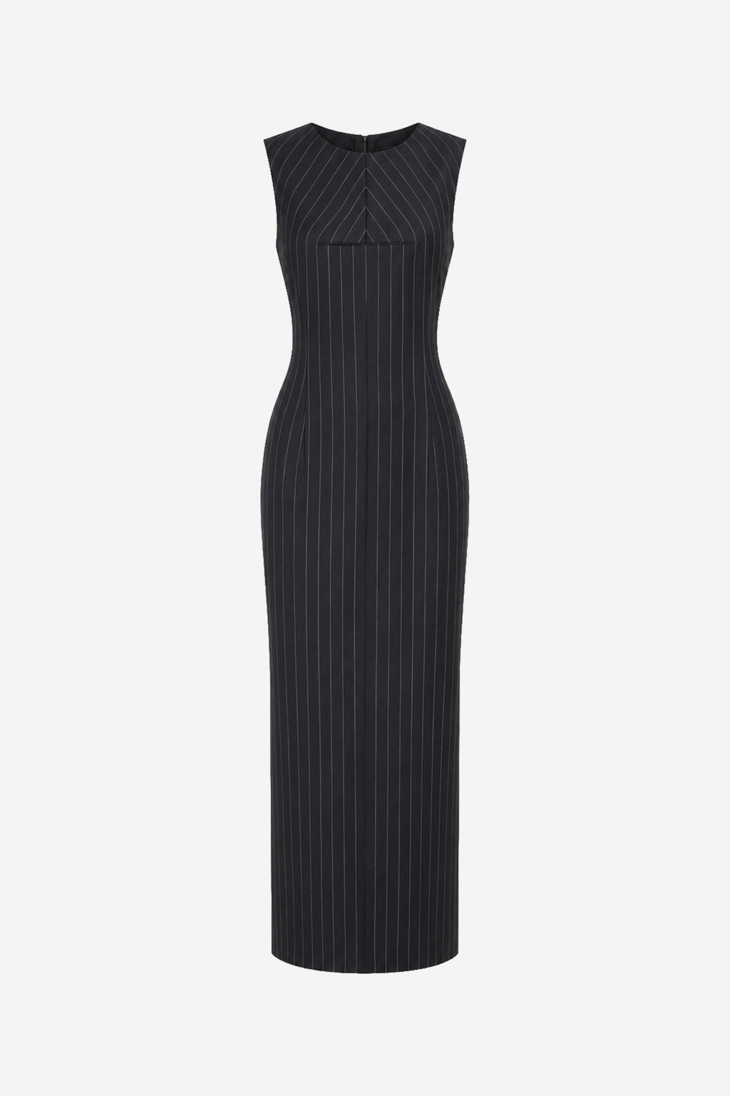 Charcoal pinstripe wool sleeveless midi dress, straight silhouette