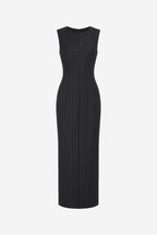 Charcoal pinstripe wool sleeveless midi dress, straight silhouette