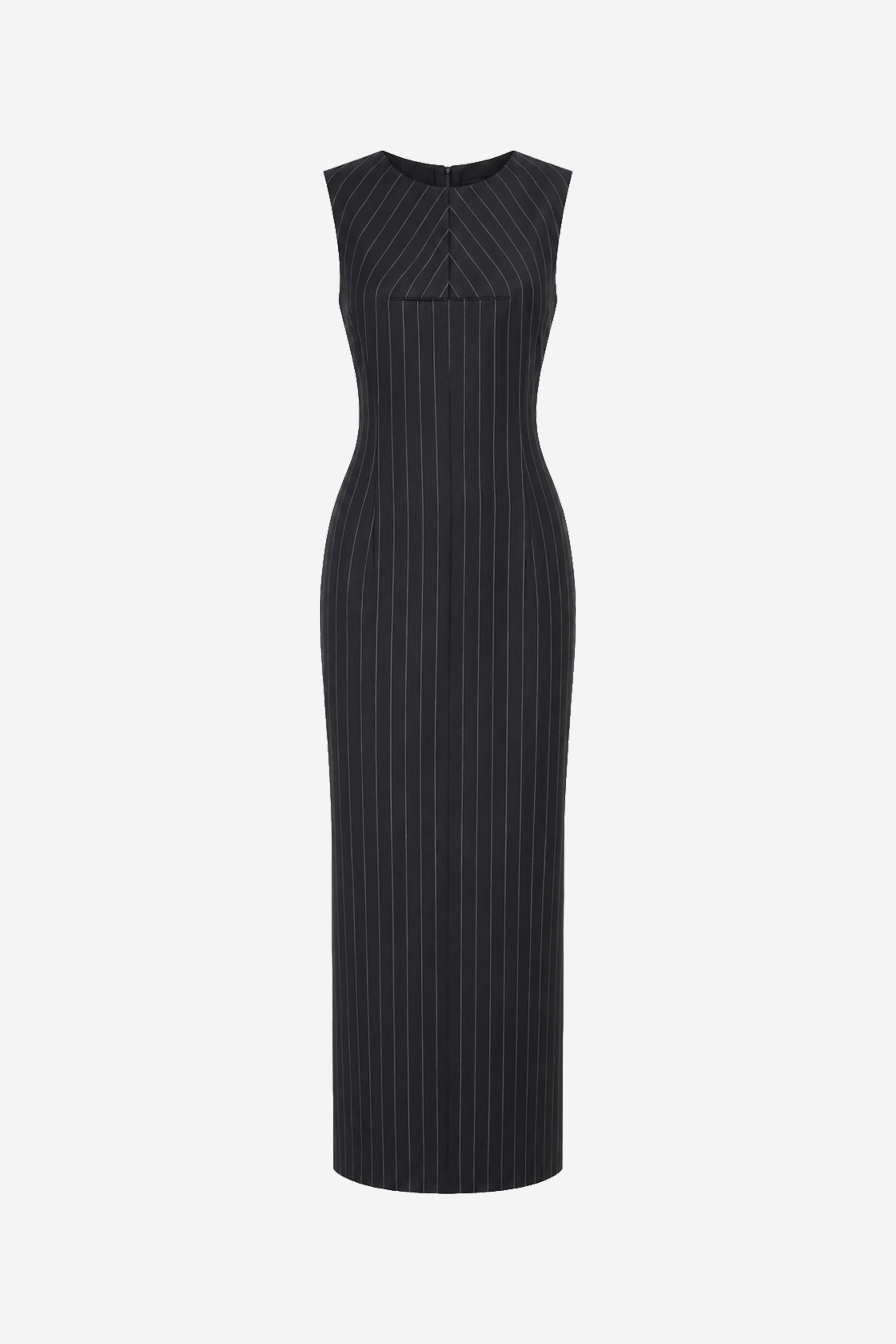 Charcoal pinstripe wool sleeveless midi dress, straight silhouette