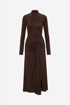 Dark brown twist jersey long-sleeve maxi dress with high neck and ruched twist bodice