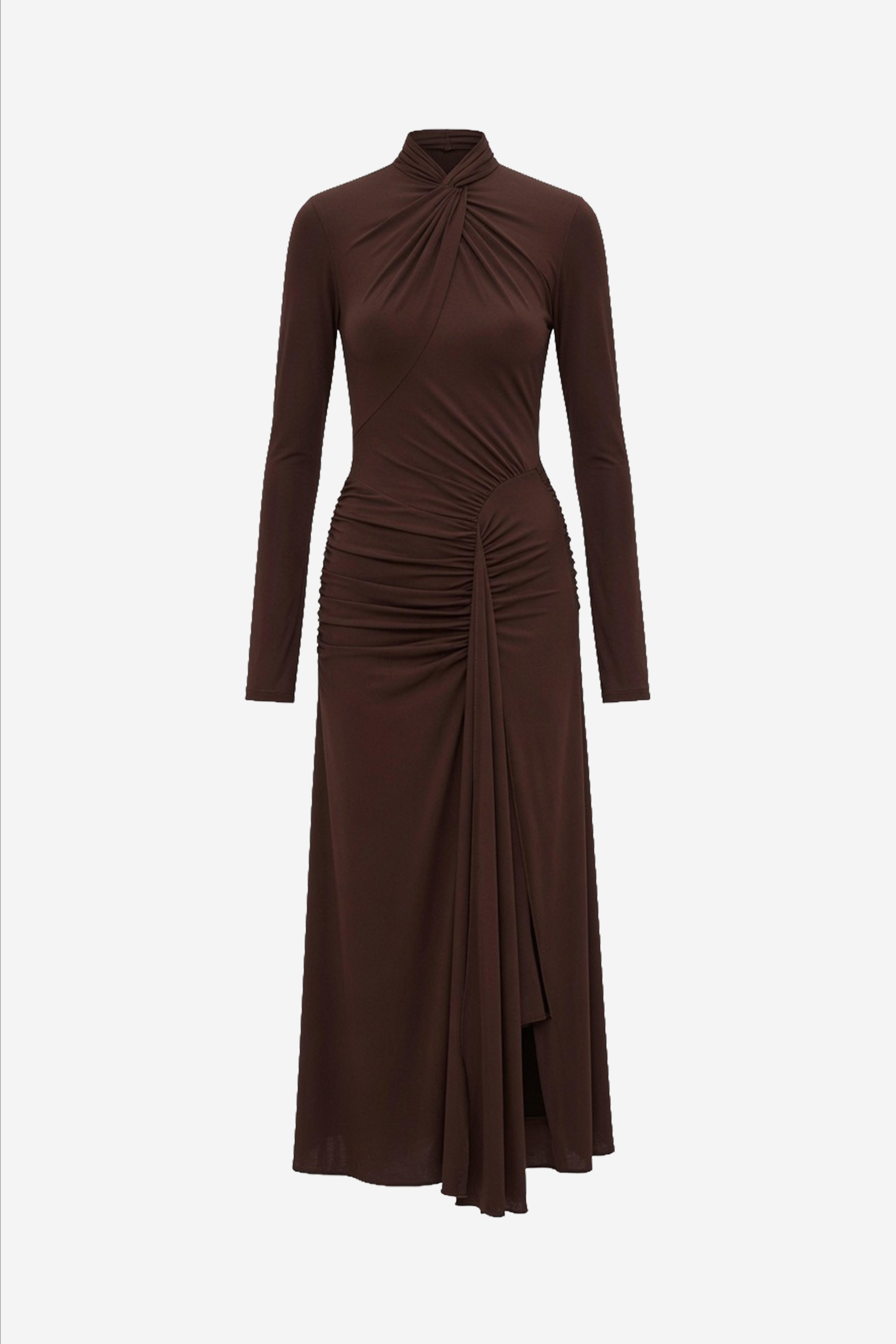 Dark brown twist jersey long-sleeve maxi dress with high neck and ruched twist bodice