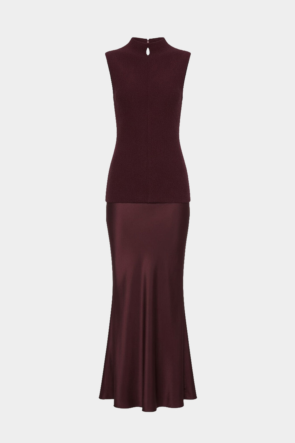 Sleeveless mock-neck contrast dress, eggplant top with darker satin flared skirt