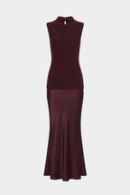 Sleeveless mock-neck contrast dress, eggplant top with darker satin flared skirt