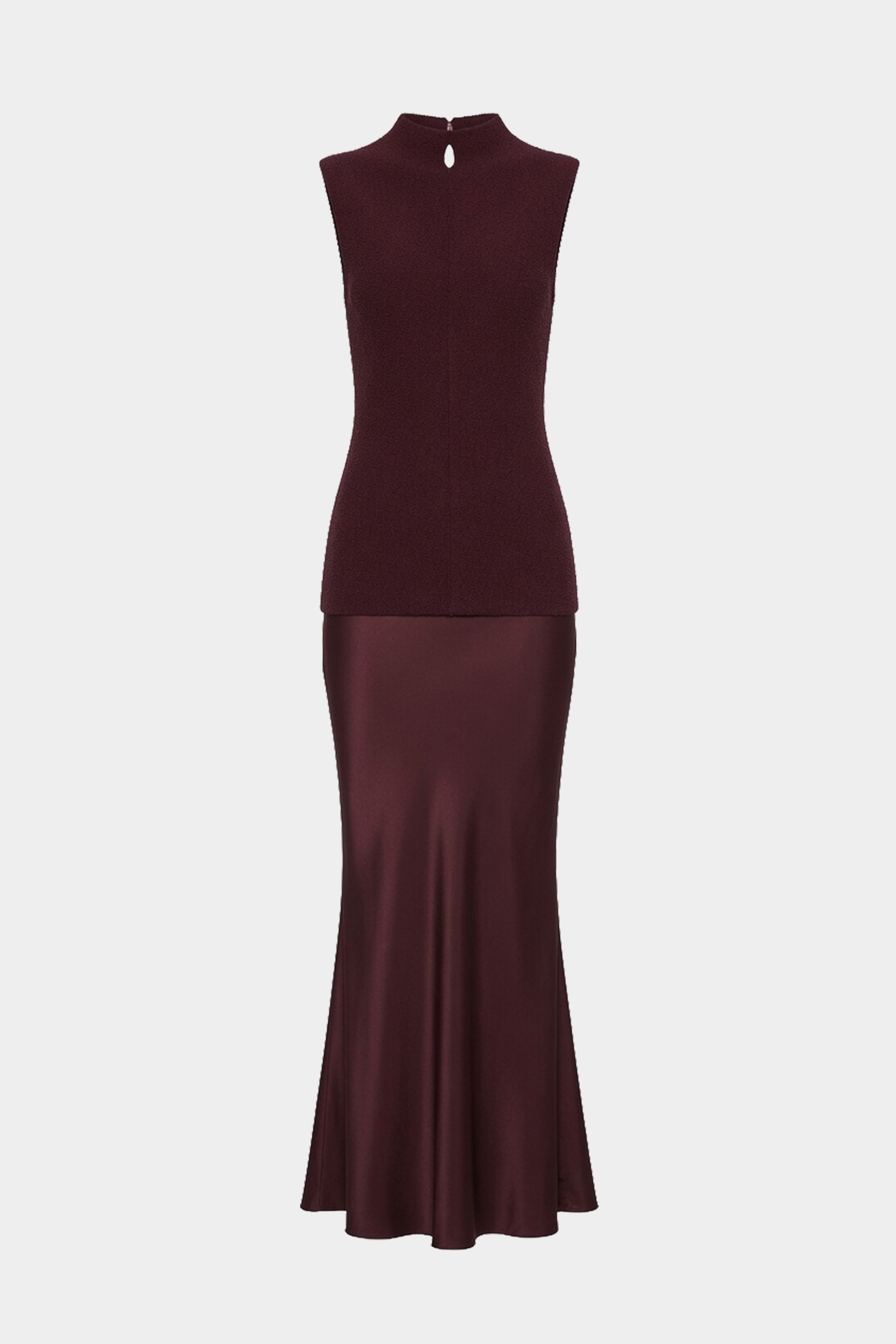 Sleeveless mock-neck contrast dress, eggplant top with darker satin flared skirt
