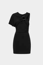 Black asymmetric mini dress flat lay with short sleeves and draped neckline knot